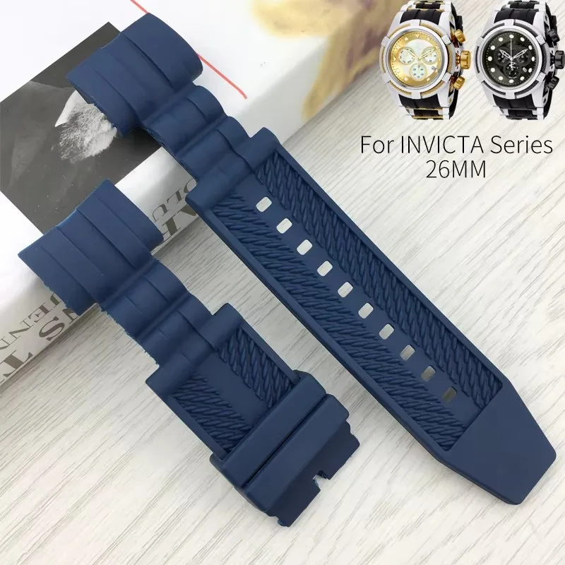 26mm Silicone Rubber Sport Style Watch Strap Diving Waterproof Specific Lug Blue Watchbnad Suitable for Invicta Series Watch