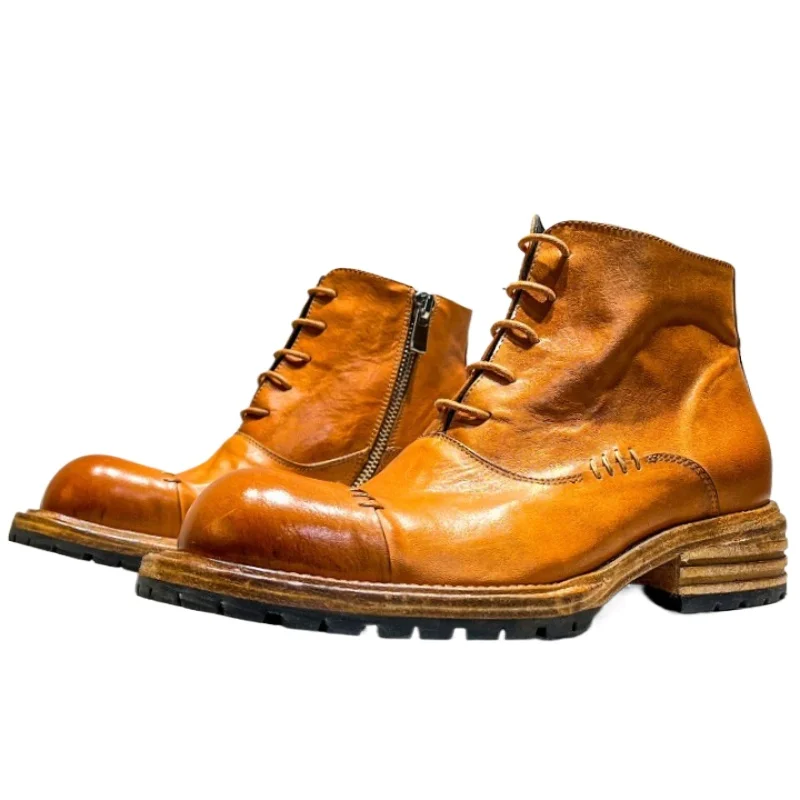 Ethnic Style Washed Horsehide High-top Boots Shoes Men's Breathable Genuine Leather Goodyear Hand-sewn Side Zipper Tooling Boots