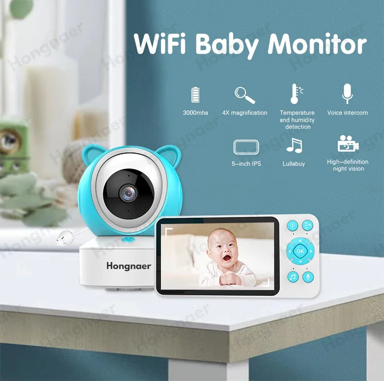 Hongnaer Smartlife Baby Sleep 1080P 5 Inch LCD Screen PTZ Camera Tuya 2.4G WiFi Wireless Audio Video Smart Baby