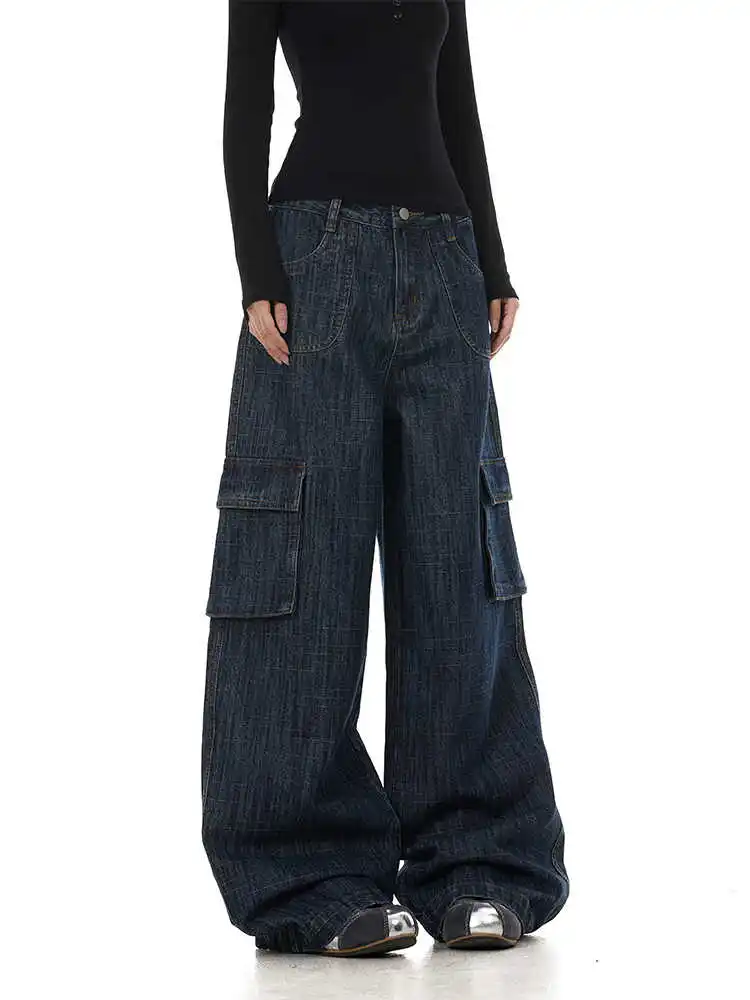 

Women's Dark Blue Cargo Jeans Baggy Denim Trousers Harajuku Vintage Y2k Jeans Long Pants Japanese 2000s Style Oversize Clothes
