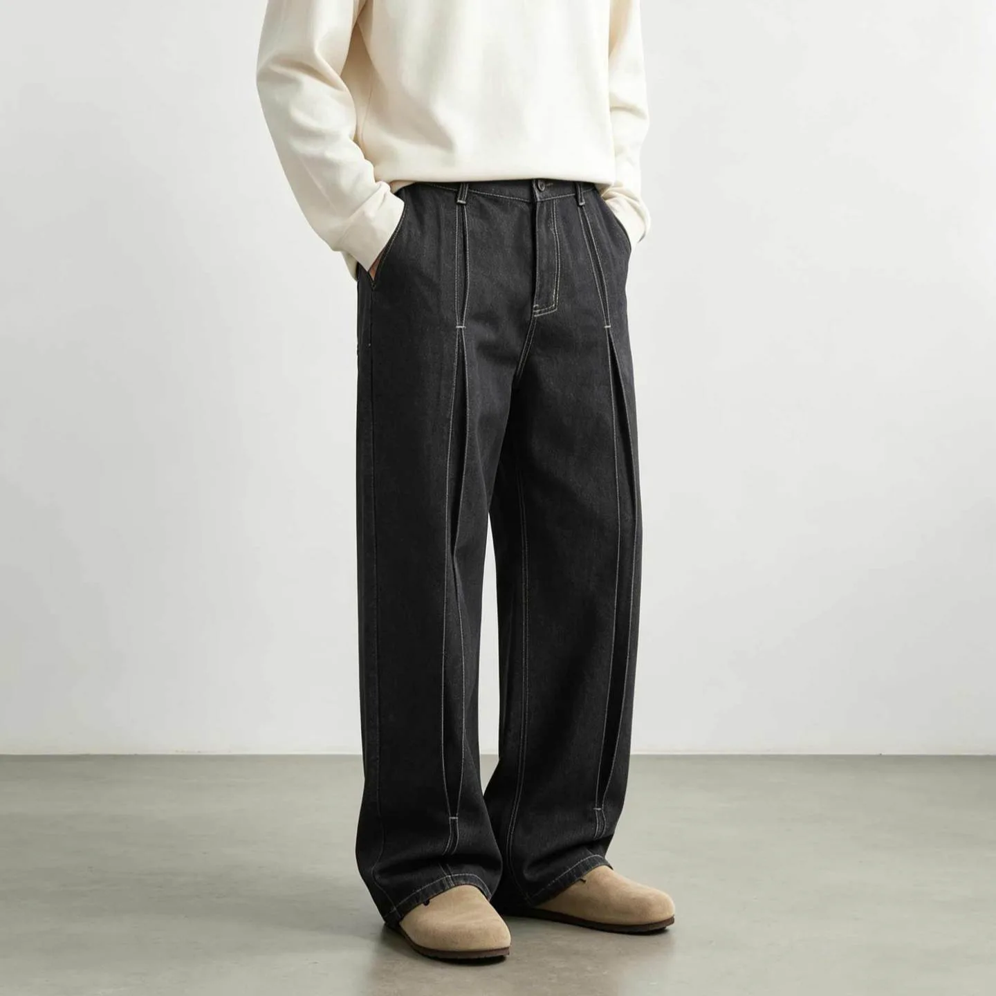 Four Seasons New Fashion American Vintage Men Black Solid Color Loose Wide Leg Pleated Simple Basic Denim Trousers Male Jeans