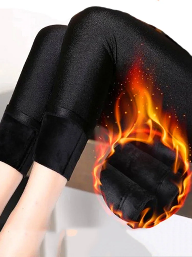 Leggins engrossados de pelúcia inverno feminino mais quente leggings calças brilhantes cintura alta macio veludo meia-calça térmica estiramento