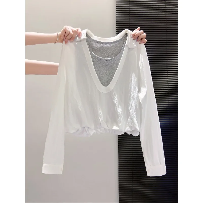 

Korean Splice Long Sve irt Women's Loose Slimming Design Early Autumn New V-ne Button-down Office Wear TT283