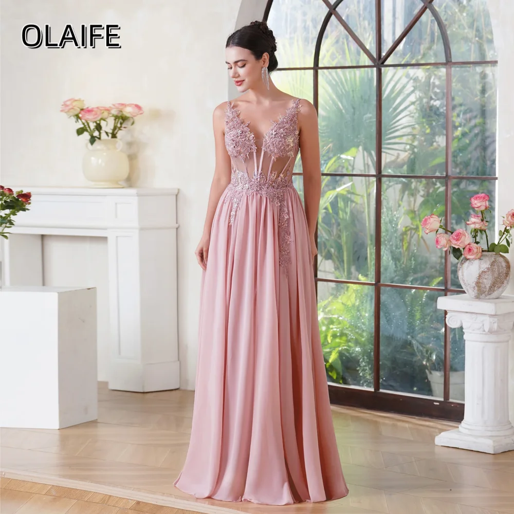 Chiffon Spaghetti Strap A-LineLace Appliques Beading Sequined Customized Sleeveless Evening Dress Sweep Train vestidos de noche