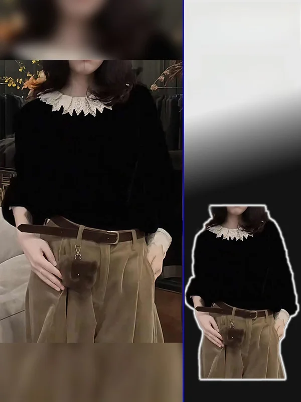 

plus Size Women's Sweet Sle Lace round Ne Bla Versatile irt Spring Autumn New Hide Meat Slimming Top French Sle Loo...