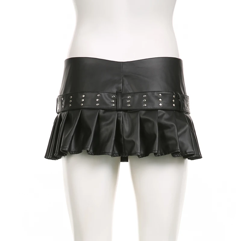 SUCHCUTE Schwarzer Gothic PU-Leder Damen Minirock mit Gürtel, niedriger Taille, Reißverschluss, Faltenrock, Y2K Streetwear, 2000er Jahre Kleidung, Sommer, Koreanisch – Detail 5