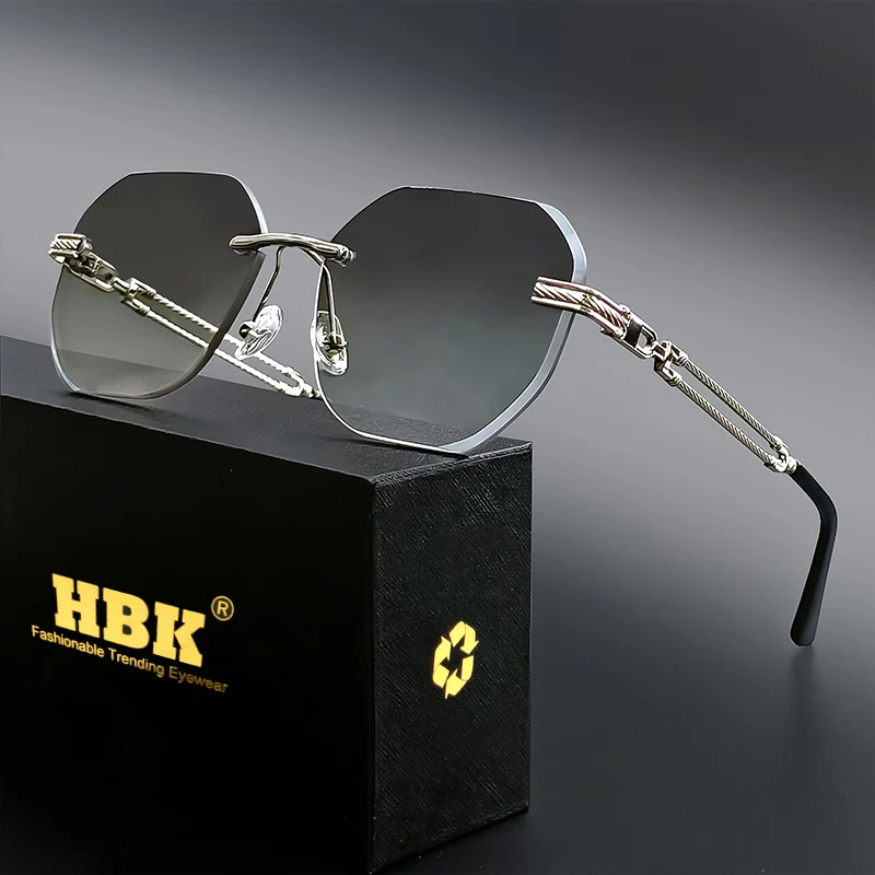 HBK Pilot Rimless Sunglasses Men Polygonal Metal Frame Women Sun Glasses Beach Shopping Gift Party Eyewear Summer Style