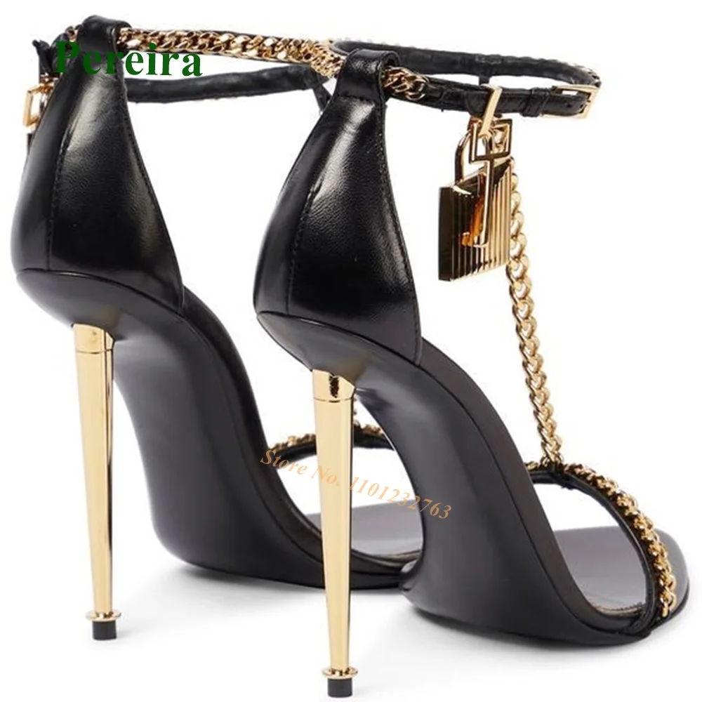 Chain Decor Metal Heels Sandals Padlock Buckle Strap Open Toe Women\'s Sandals Black Leather Luxury Elegant Party Shoes Big Size