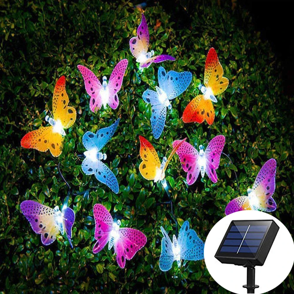 12 LED Solar Butterfly Lamp String Optical Fiber Optic Fairy Light Waterproof Christmas Outdoor Garden Holiday Decoration