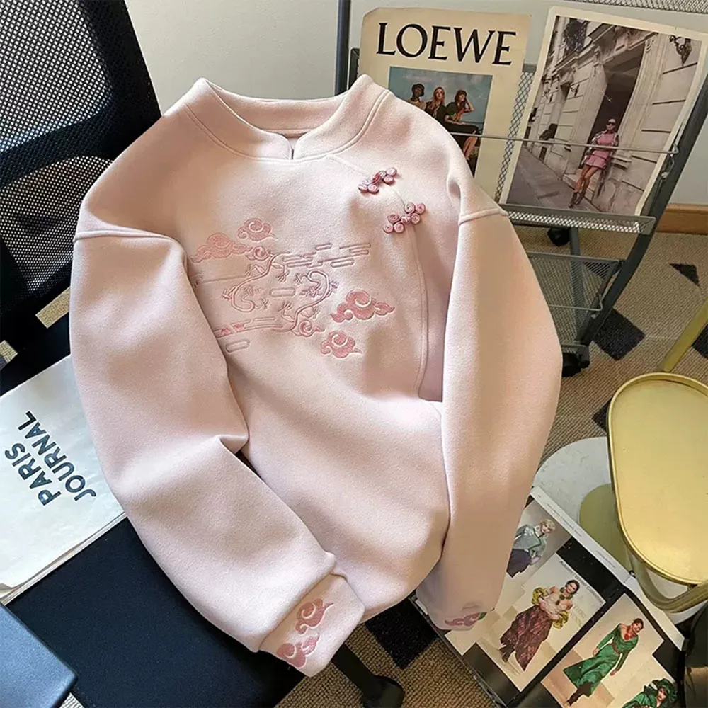 Exquisite Sweatshirts For Women 2024 Autumn New Chinese Style Casual Loose Embroidered Long Sleeve Hoodie Tops Female Clothes