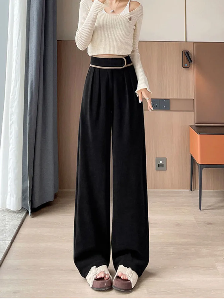 Pantalones de pierna ancha Vintage de cintura alta, Pantalones rectos coreanos a la moda, Pantalones gruesos elásticos sueltos informales para mujer, Calcas