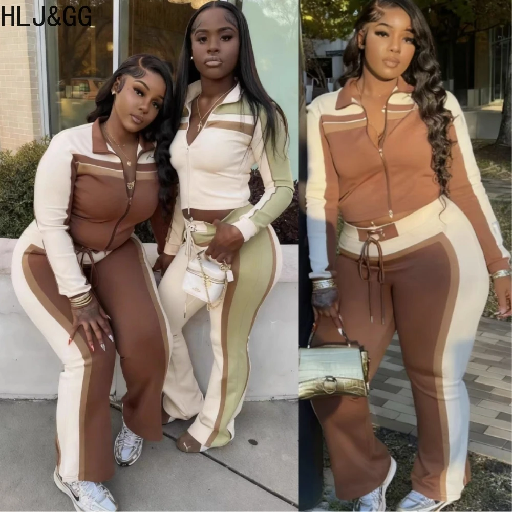 

HLJ&GG Autumn Winter New Patchwork Color Two Piece Sets Women Zip Long Sleeve Crop Top And Pants Tracksuits Casual Sport Outfits