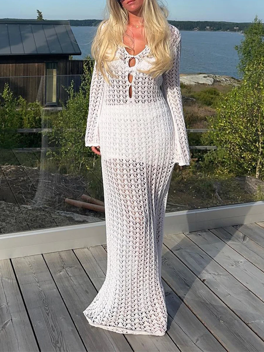 Women s Summer Bikini Cover-Up Long Sleeve V Neck Keyhole Front Hollow Out Crochet Slim Long Dress