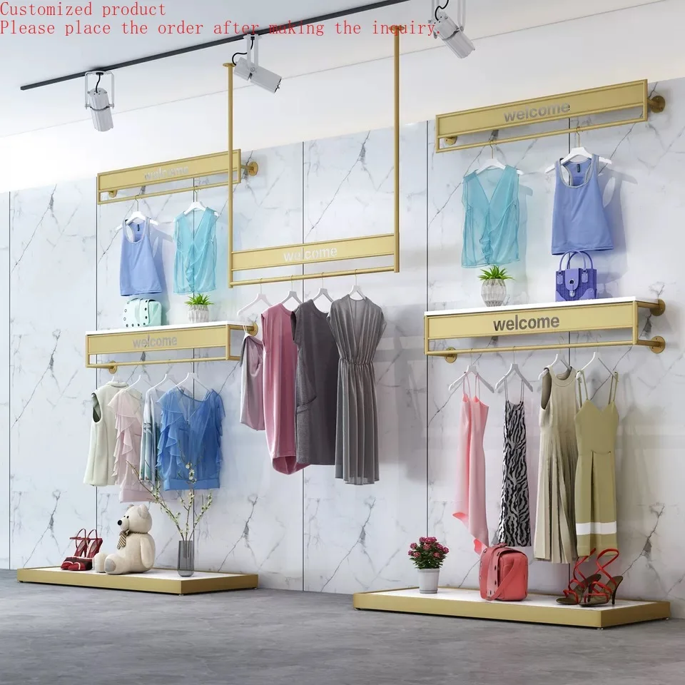 

Modern Fashion Wall Mounted Clothing Rack Gold Garments Showroom Display Racks