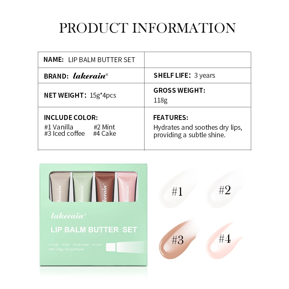 Lakerain 버터 립밤 세트, 갈라짐 방지 플럼핑 틴티드 립 버터, 오래 지속되는 보습 영양 립밤 세트, 세트당 4 개