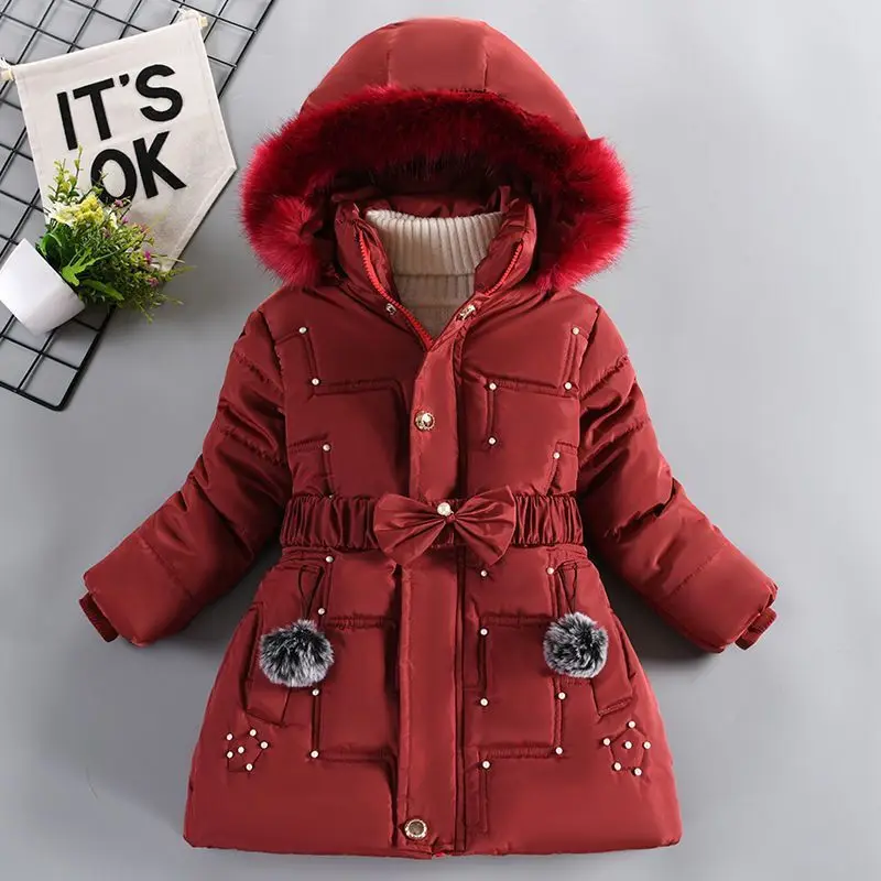 2024 New Thick Keep Warm Winter Girls Jacket Detachable Hat Plush Collar Hooded Coat For Girl 4 Color Children Birthday Present