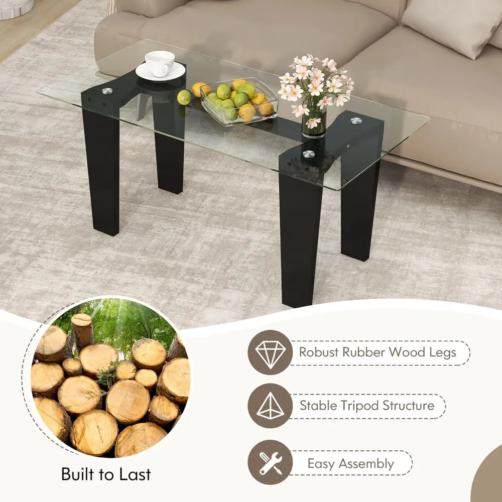 Rectangular Glass Coffee Table, Modern Tempered Glass Top Accent Table with Transparent Tabletop & Rubber Wood Frame