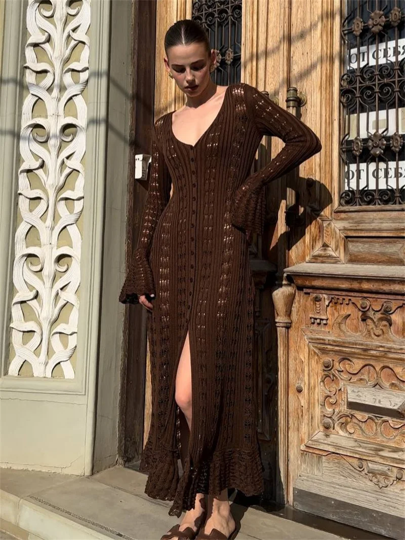 hollow-long-knit-cardigan-soild-color-v-neck-flared-sleeve-crochet-ankle-length-sweater-dress-beach-cover-up-holiday-outerwear
