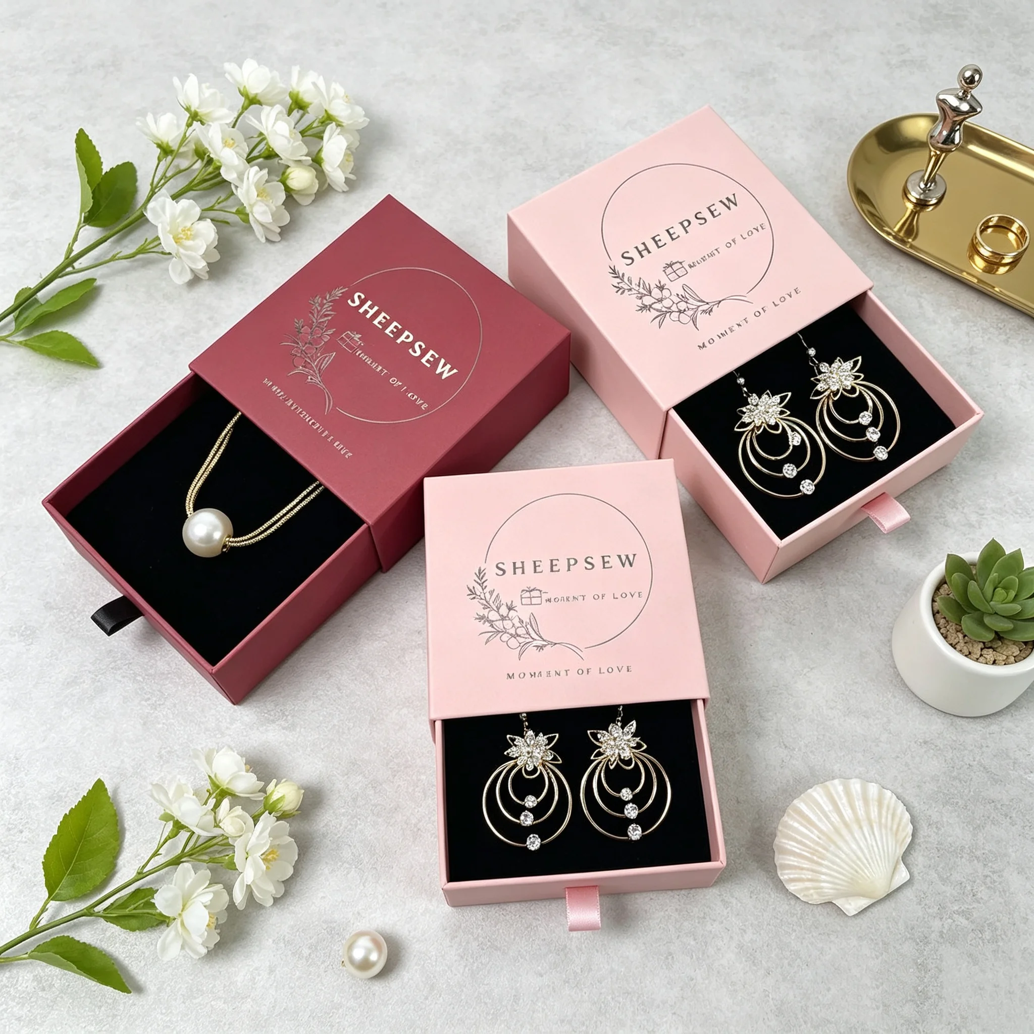 50pcs Sheepsew Custom Paper Ring Earring Bracelet Pendant Necklace Packaging Drawer Jewelry Packaging Box with Logo