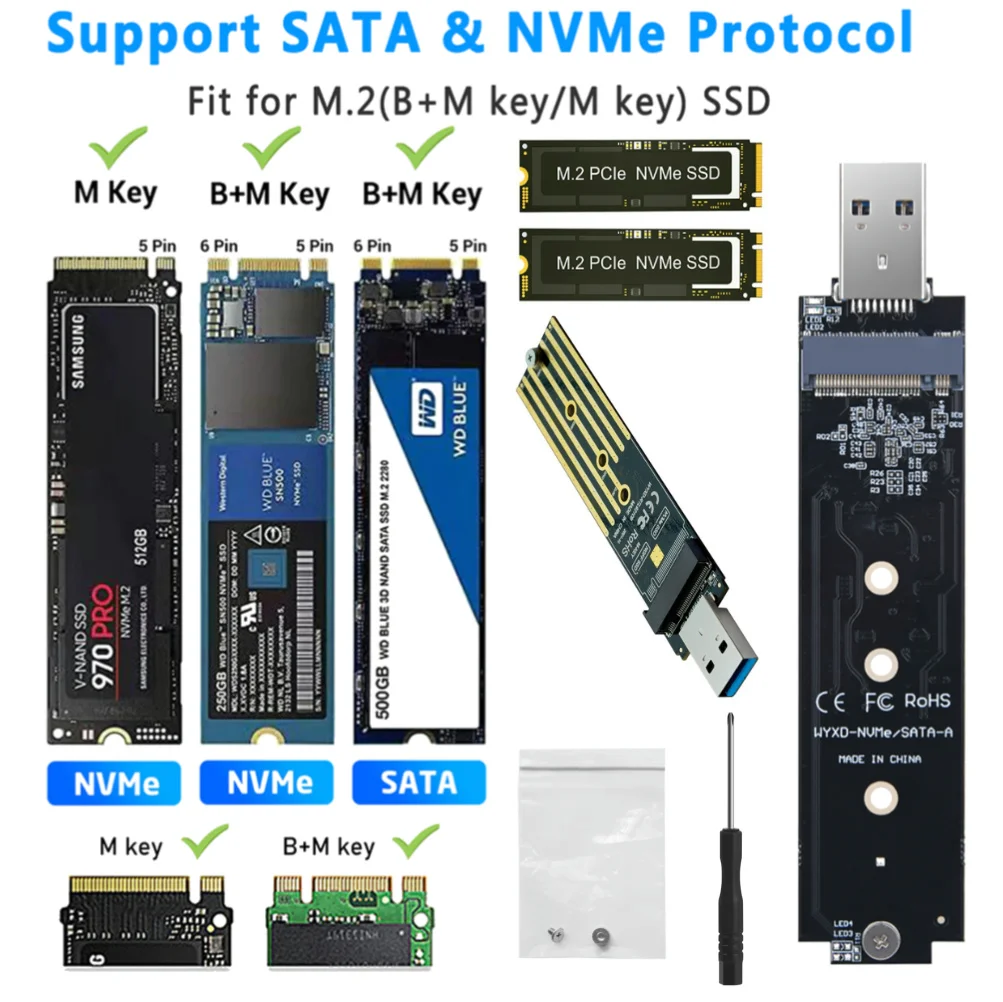 NVME To USB Adapter Support UASP TRIM USB To NVME PCI-E SSD Reader M-Key M.2 NVME To USB Card Reader for 2280 2260 2242 2230 SSD