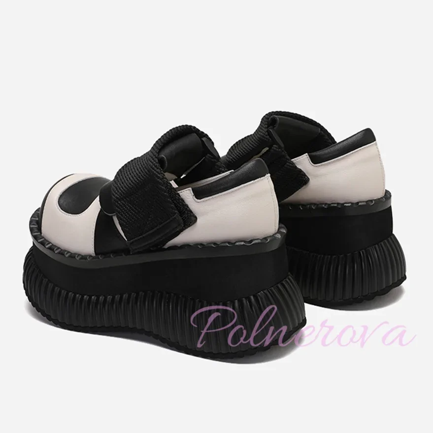 Sapatos de couro feminino de sola grossa, sapatos casuais plataforma, dedo do pé redondo grande, estilo punk rock, 2022