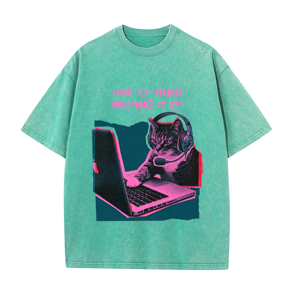 Have You Tried Meowing At It Funny Cat Tech Support T-Shirt Summer 3XL Men Short Sleeve Tee Printing Adult Heavyweight Tops