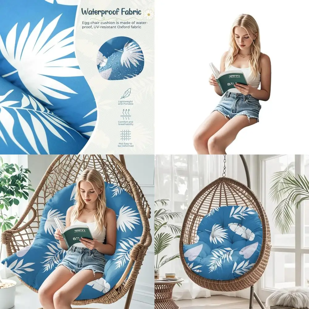 

Blue Leaf Pattern Waterproof Outdoor Hanging Egg Chair Cushion, 47x35x7 Inches, Thick with Ties