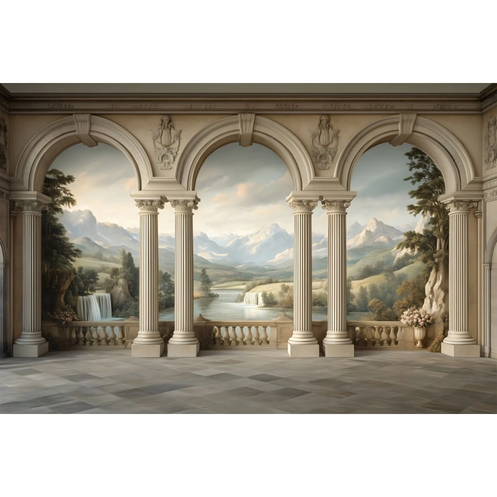 European Palace Photography Backdrop Vintage Palace Interior Arch Window Wedding Maternity Portrait Baby Background Photo Studio