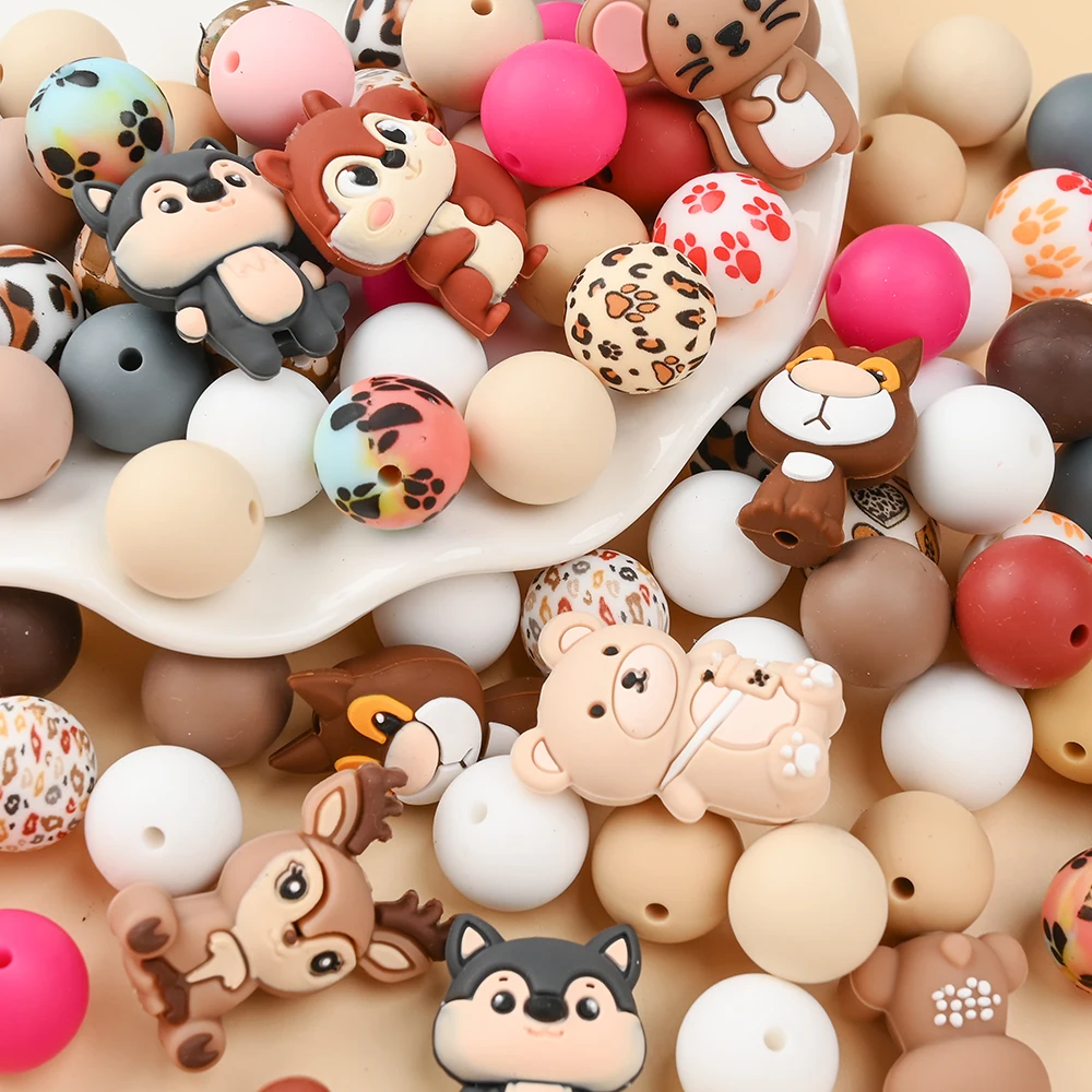 32Pcs Cartoon  Animal Silicone Round Tooth Protection Beads Combination Set Baby Pacifier Chain Chew Toy DIY  Accessories