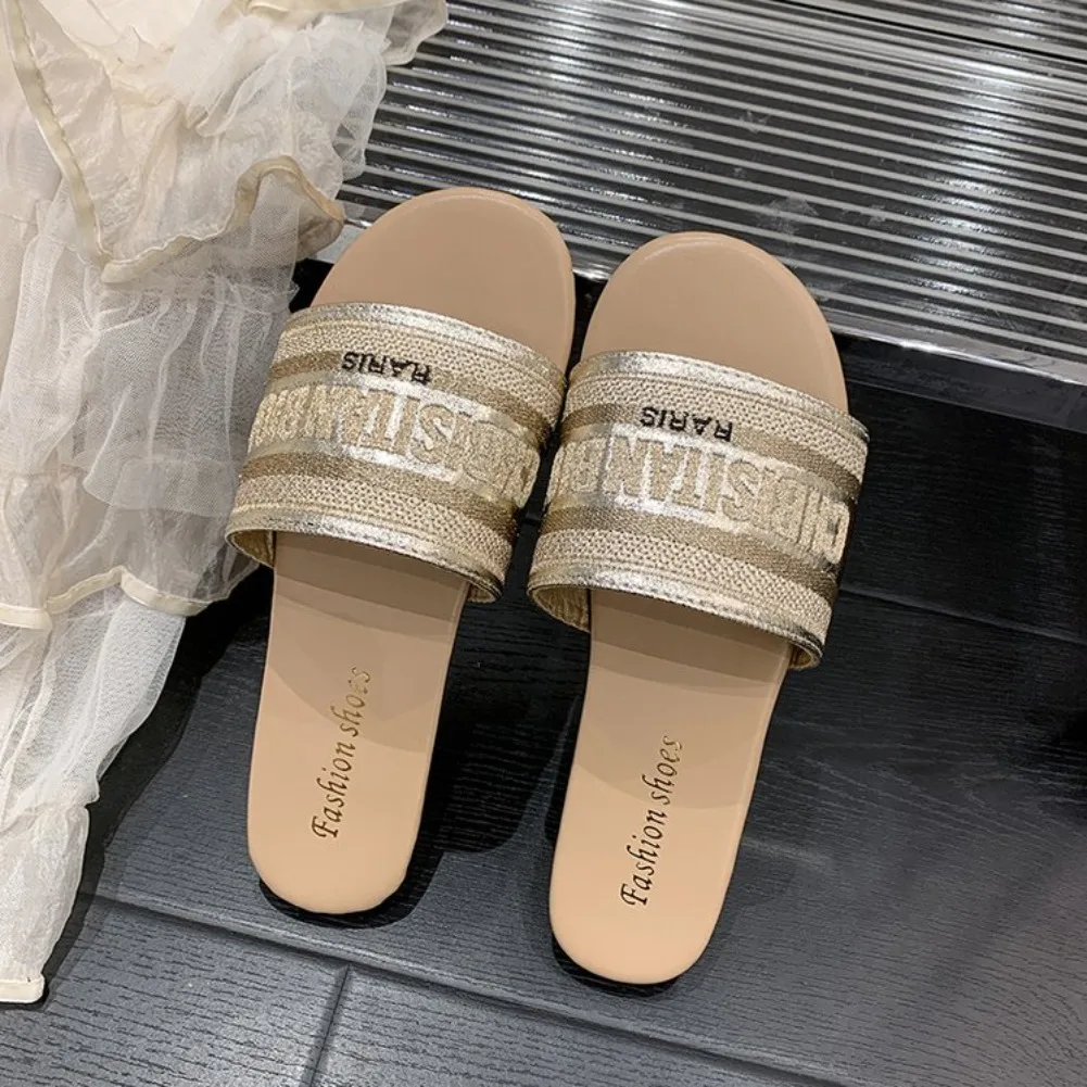 Damen-Mode-Flachpantoffeln, Sommer-Neuheit, runde Zehenpartie, offene Zehen, Buchstabenstickerei, weiche Sohle, rutschfeste Sandalen, Damen-Hausschuhe – Detail 6