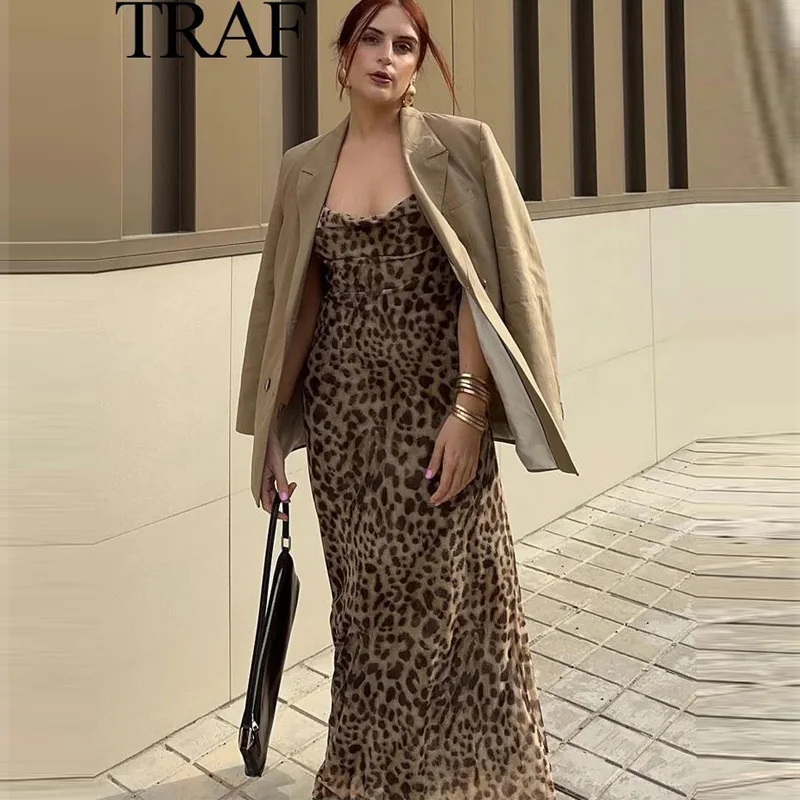 TRAF Leopard Print Long Dresses Sleeveless Slip Tulle Dress Woman Vintage Backless Party Dresses Summer Sexy Mesh Midi Dress