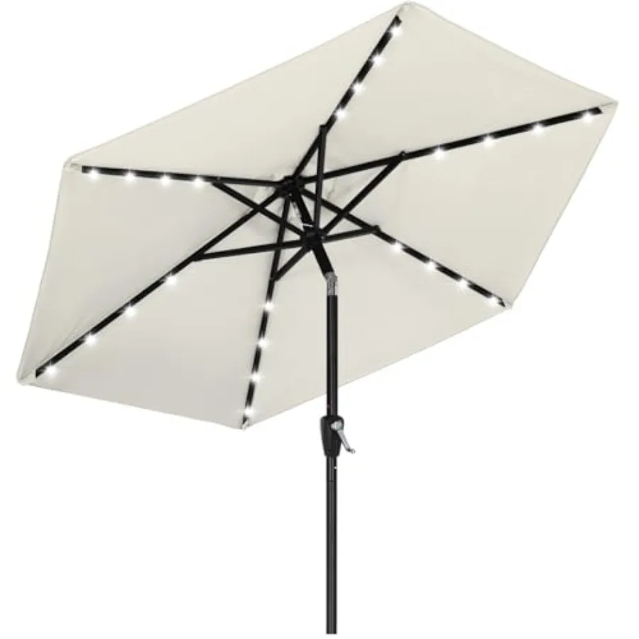 

Durable Solar LED Patio Umbrellas for outdoor use, polyester fabric, light beige, 32 built-in LED lights with solar charging