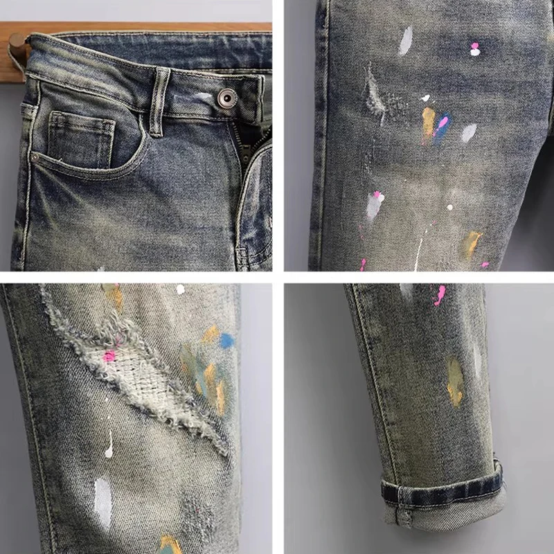 

Street Designer Fashion Men Jeans Retro Washed Stretch Slim Fit Painted Ripped Jeans Men Splashed Hip Hop Vintage Denim Pants