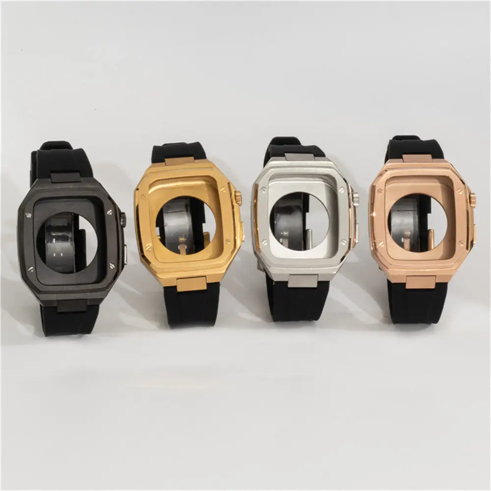 AP Mod Kit حافظة من الفولاذ المقاوم للصدأ لساعة Apple Series 10 9 8 7 6 5 4 SE 46mm 45mm 44mm سيليكون باند