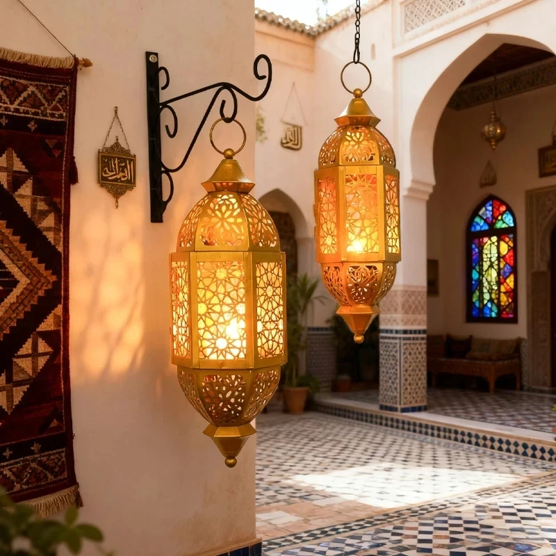 Retro Iron Art Moroccan Lantern Candelabra Candle Holder Hollow Out Candelabra Hurricane Lamp Hanging Decoration Ornaments