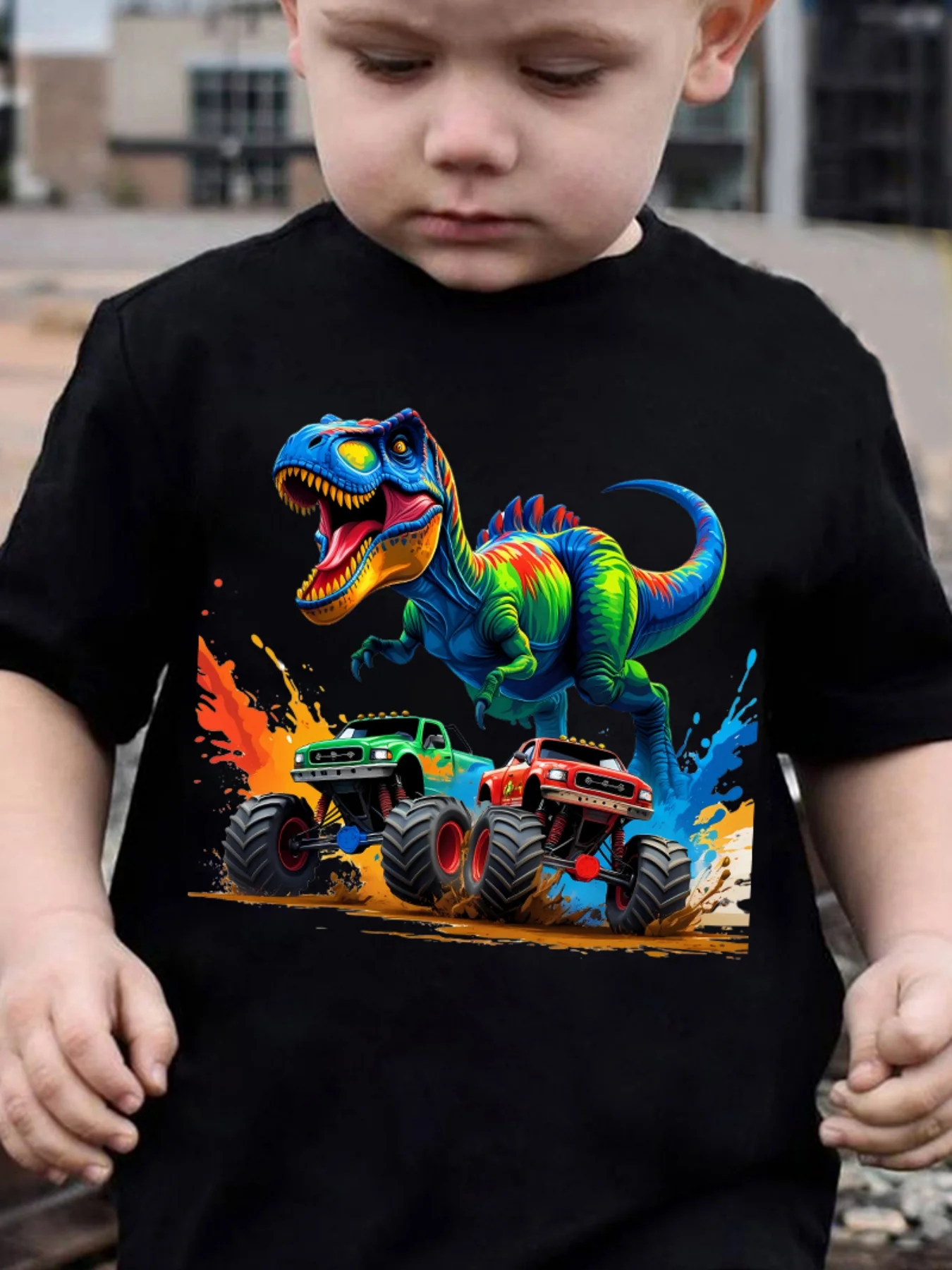 Kids Boys Girls Family Matching T Shirt Colorful Dinosaur Monster Truck Splash Art Graphic Print Short Sleeve Tee Casual Tops