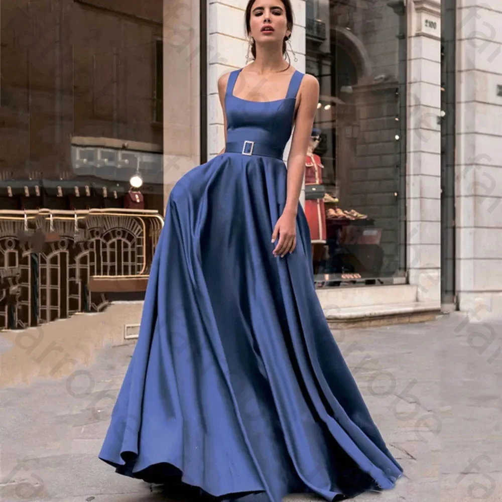 Customized Elegant Blue Long Evening Dresses Square Neck With Belt Criss-Cross Straps Satin A-Line Formal Prom Gowns For Women