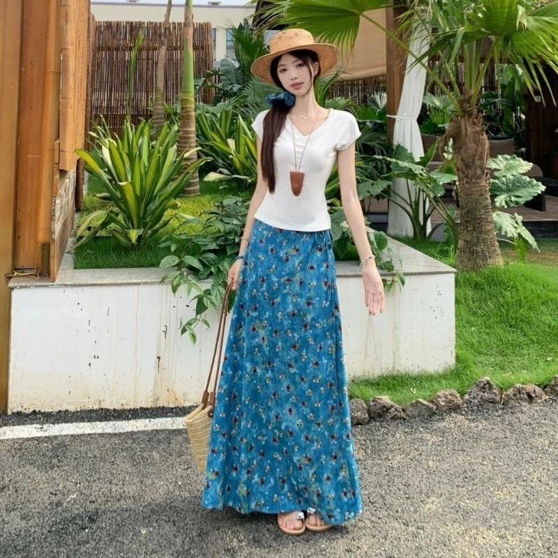 

2026 Women Summer Floral Oil Painting Style Two Piece Set V Neck Short Sleeve T Shirt Slim Fit Tie Waist Skirt
