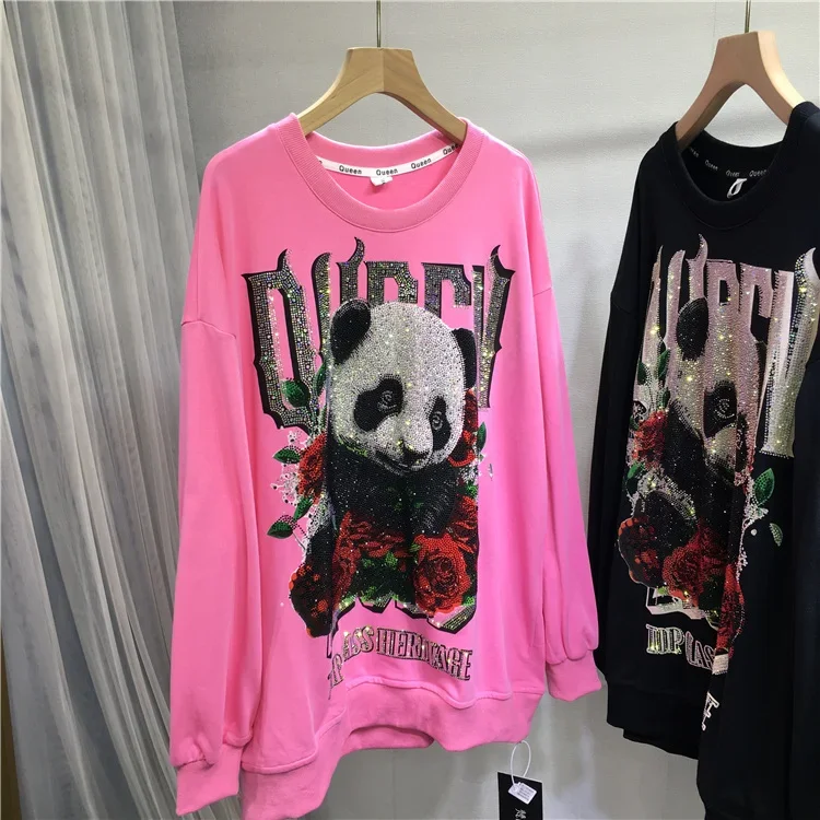 Cute Giant Panda Round Neck Loose Mid Length Drop Sleeved Sweatshirts Women Heavy Industry Hot Diamond Top Autumn and Winter