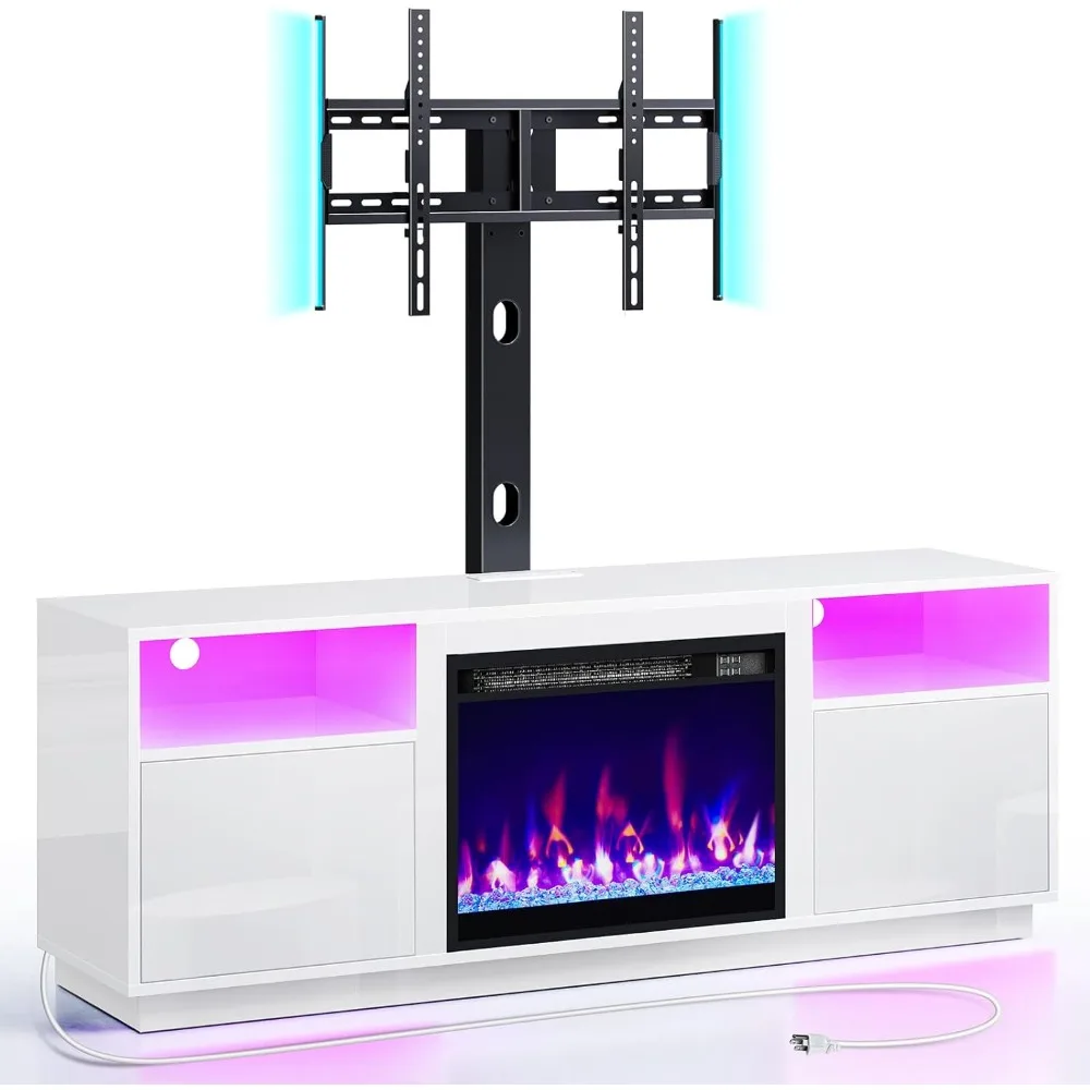 Fireplace TV Stand with Led Lights and Power Outlets, Entertainment Center with Electric Fireplace, Swivel TV Stand Mount