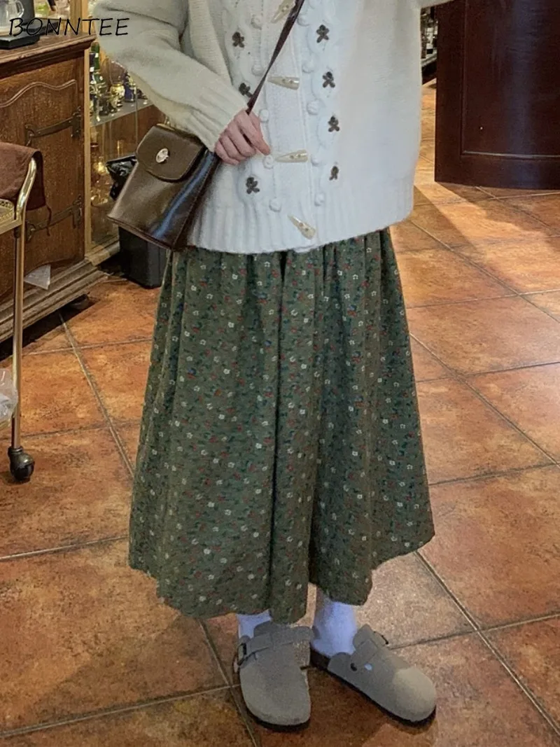 

Юбки-миди для женщин, трапециевидные юбки в стиле Mori Girl, универсальная одежда с высокой талией и цветочным принтом, осенняя милая одежда для молодых девушек, студенческая одежда