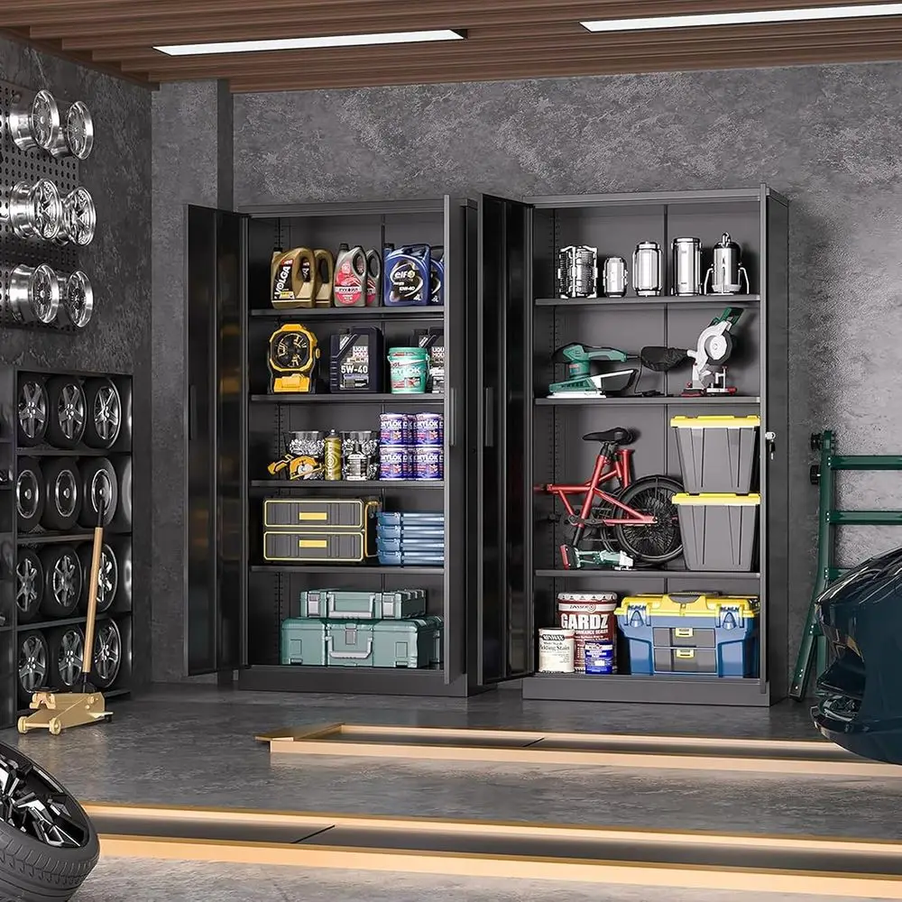 Metal Garage Storage Cabinet, 72” Locking Black Tool Steel Cabinet with Doand 4 Shelves, Tall Metal Cabiwith Garage Storage Syst