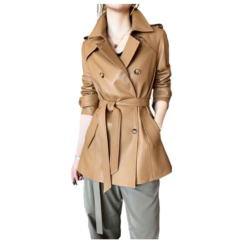 Belted girded Mid-Length suit collar Ladies Genuine Leather Sheepskin leather windbreaker jacket