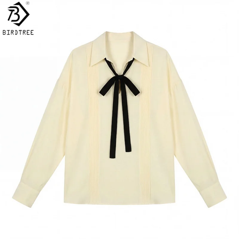

Birdtree,100% Real Silk Ribbon Blouse,Lapel Full Sleeve Tops, Women Double Crepe Single Breasted Shirt, 2026 Spring New T63821JF