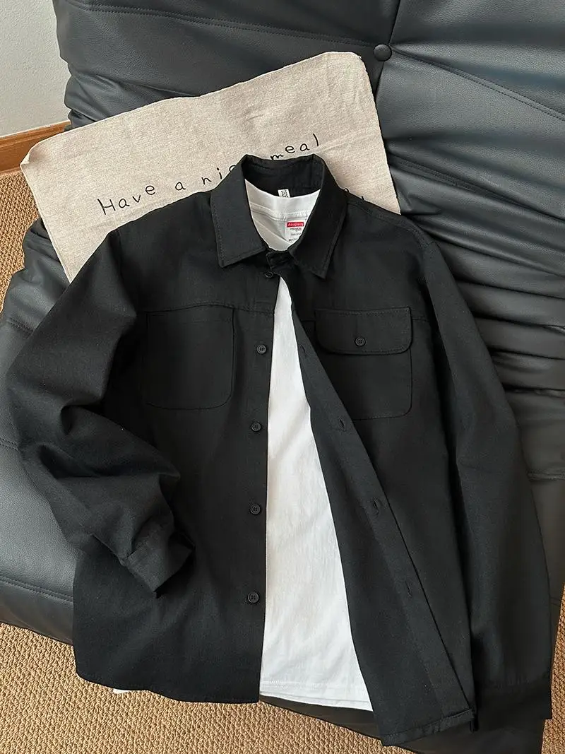 

Fall Japanese Sle Retro Waed Heavyweight Pure Cotton Workwear irt Men's Basic Loose Long Sve Color irt