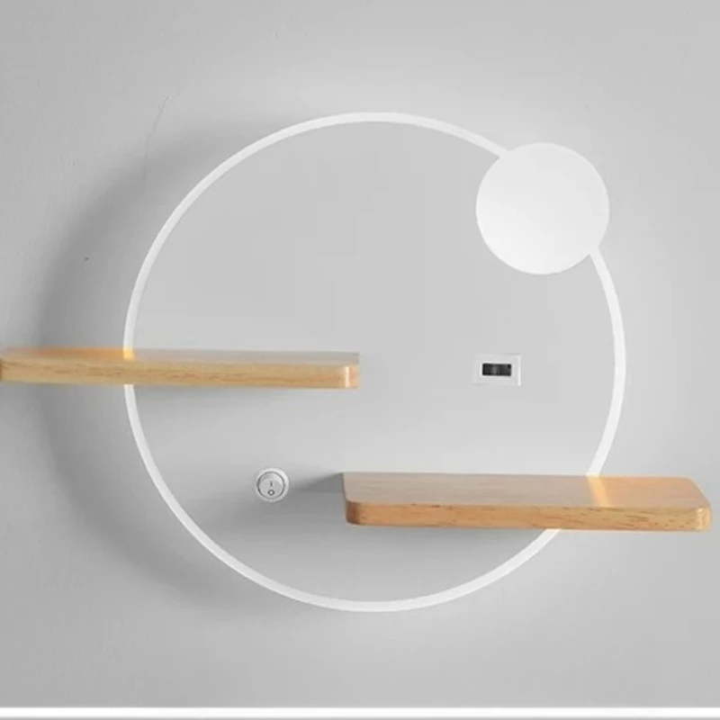 Circular Wall Lamp with USB Interface Storage Rack, Bedside Lamp, Indoor Bedroom, Living Room, Hotel Room, Background Wall