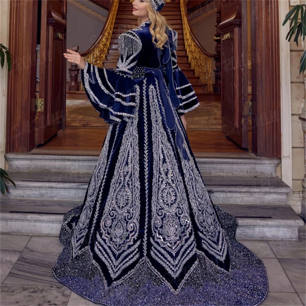 Full Sequin Puffy Long Sleeve Evening Dress Arabic Sultan Prom Customized Muslim Formal Party   فساتين السهرة Vestidos De Gala