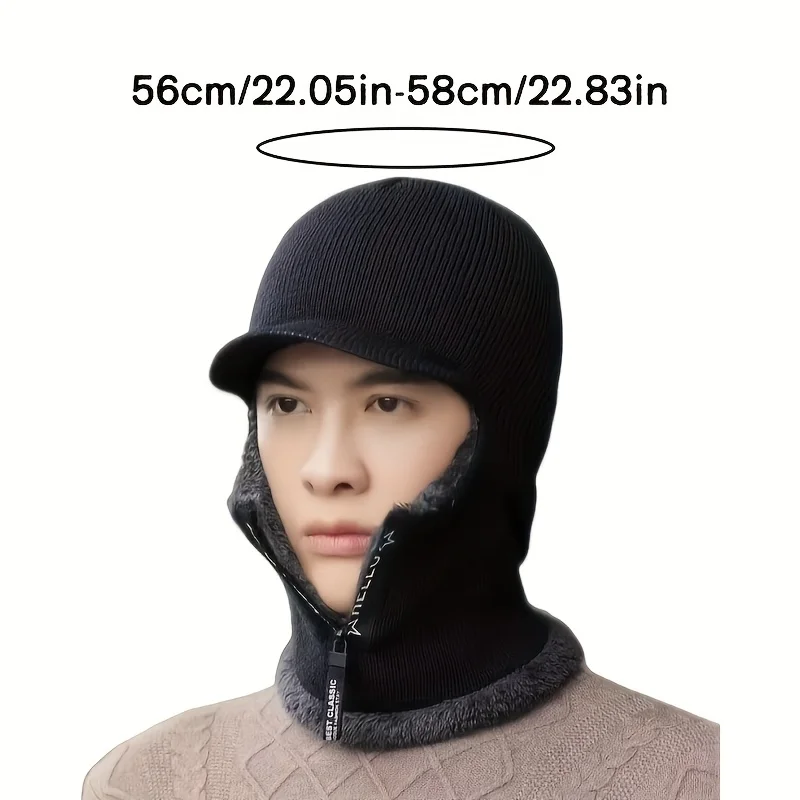 Comfy Brim Beanie for Guys Fleece-Lined Winter-Climate Crocheted Balaclava with Zipper & Ear/Neck/Face Protector