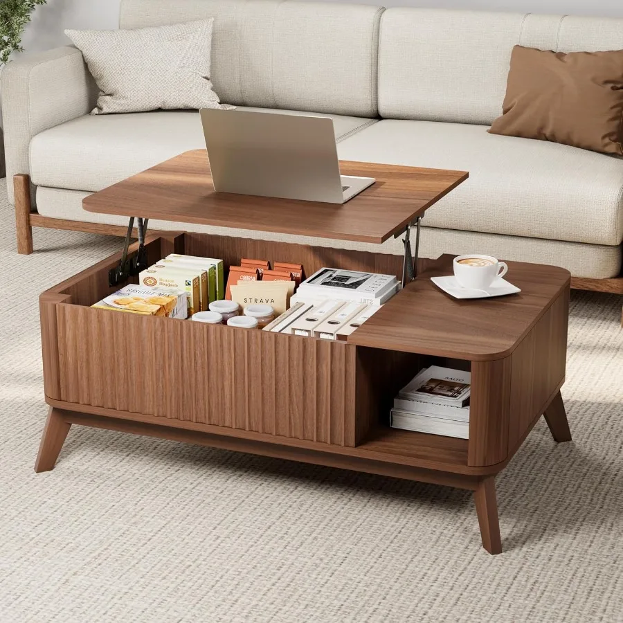 

Журнальный столик с подъемным верхом и местом для хранения вещей 40, современный центральный стол для гостиной середины века, деревянный рифленый журнальный столик для гостиной