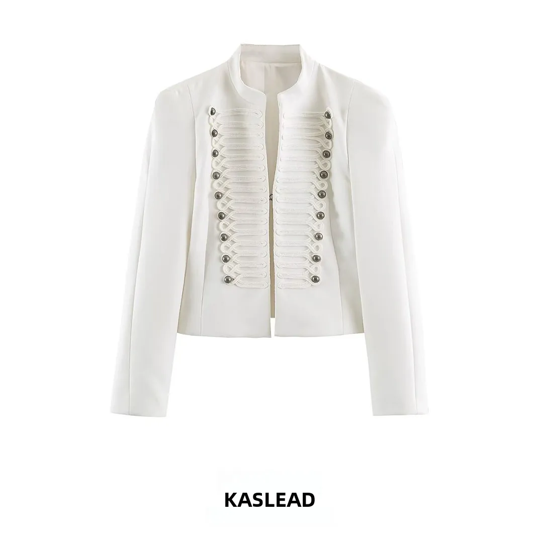KASLEAD Women's Fashion High-End Feel Padded Shoulder Button Coat Versatile Style European Style Slim Fit Polyester Fiber